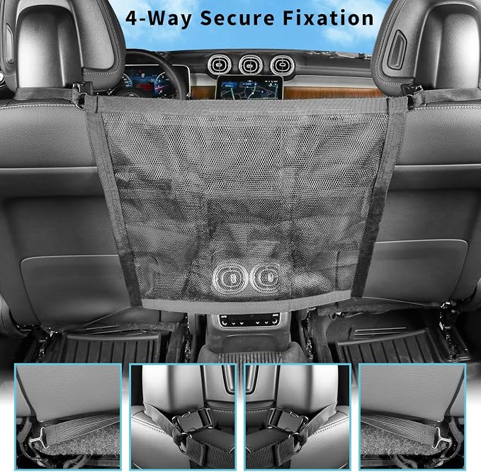Dog Car Net Barrier Double Layer Mesh with Zipper Organizer Storage | Cars Seat Divider for Pet with Adjusting Rope and Hook Breathable Dogs Travel Accessory Universal Fit for SUV Sedan Truck