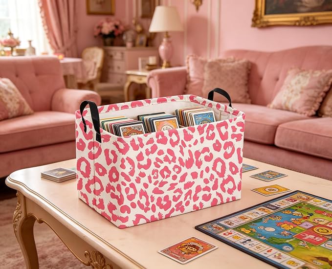 Sanjiaofeng Rectangular Kids Baskets,leopard print basket,Pink Storage Basket with Handles,Waterproof Collapsible Storage Bin for Kids,Kid Room Decor,Books Box,Gift Basket(leopard print)