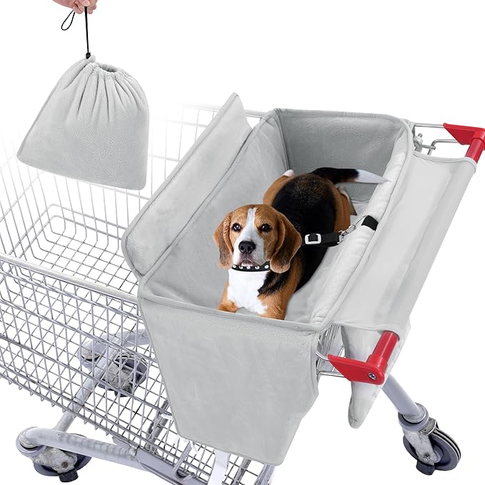 Soft Velvet Shopping Cart Cover for Dogs, Plush Pets Grocery Cart Cover with Safety Ropes, Portable and Easy-on Stretch Design for Shopping Carts with Carry Bag(Gray)