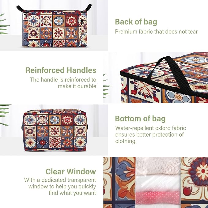 Generic Beige Mexican Tiles Clothes Storage Bag Bins 2 Pack Foldable Storage Containers Large Closet Organizer with Zipper Under Bed Storage for Pillows Clothing Comforters 60L