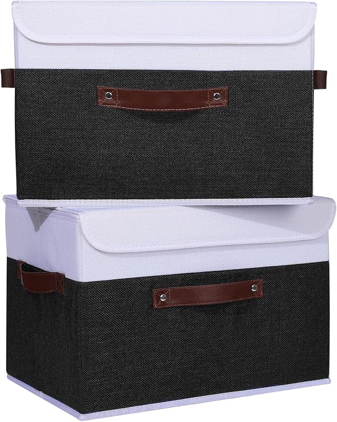 ANMINY Fabric Storage Box Bins with Lids, Black White, 15"x10"x10", 4 Pack | Keepsake Memory Storage, Cotton Linen, PP Board Reinforced, Washable, PU Handles, Foldable & Stackable, Decorative, Large