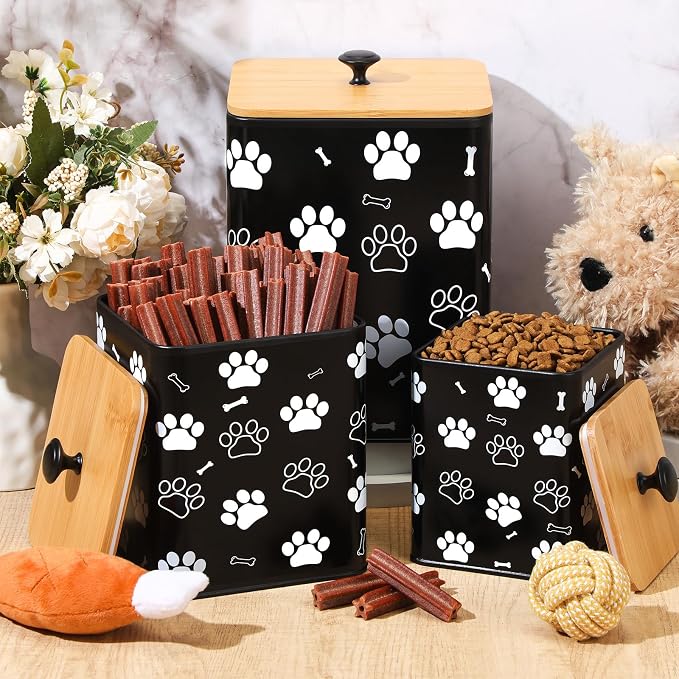 Reallnaive Airtight Dog Treat Container Set of 3 with Bamboo Lids Metal Treat Jars for Countertop Decorative Pet Snack Food Storage Canister Kitchen Biscuit Holder(Black)