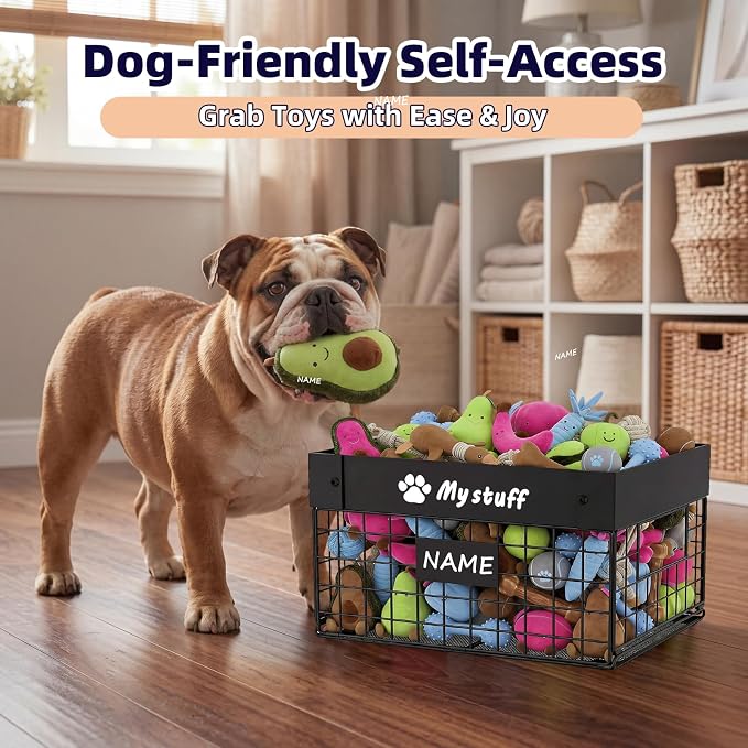 Kaiferty Indestructible Large Dog Toy basket, Chew-Proof Medium Toy Bin for Dogs, Pet Toy Bin Dog Metal Basket for Toys, Puppy Toy Storage Organizer Blankets, Toy Box for Living Room Area (Black)