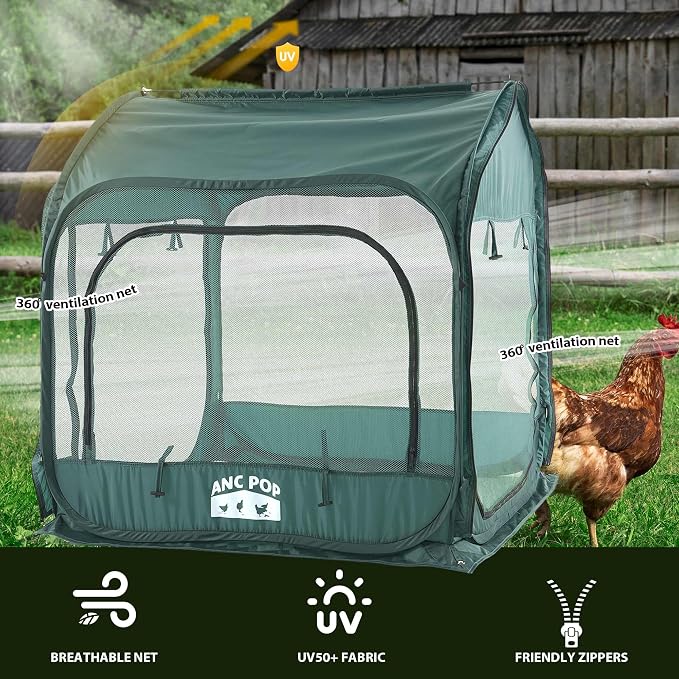 ANC POP Portable Chicken Run, Pop Up Chicken Tent for Small Animals Outdoor Gardening Net with 3 Doors and Handbag, Easy to Install and Storage, Green (40 x 40 x 45)