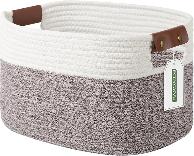 ECDYQXVU 15x10x9 Woven Cotton Rope Storage Basket, Leather Handles 1 Pack | Foldable Design, Sturdy PU Handles, Easy to Clean Organizer for Living Room, Closet, Shelves, Bedroom, Laundry, Clothes