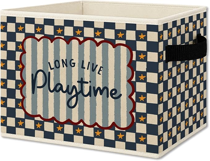 Kids Playroom Cube Storage Bins with Handles, Long Live Playtime Blue Checkered Collapsible Fabric Storage Basket Boxes Books Clothes Organizer for Kids Boys Bedroom Playroom Bathroom