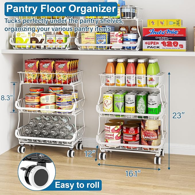 OKZEST 3-Tier Rolling Pantry Floor Organizers and Storage Cart with Wheels | Fits under pantry shelf, Stackable kitchen pantry baskets with dirt catch tray, Holds drink, snack, can, potato, onion, fruit