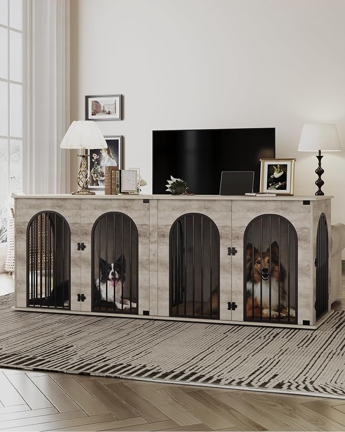Hzuaneri 86.6" Double Dog Crate Furniture, Dog Kennel Indoor with Cushion | Heavy Duty Dog Crate Furniture for 2 Dogs,Dog Cage End Table TV Stand with Divider for Med-Large Dog,Greige Black DFC84005BV1