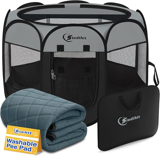 Siedihit Playpen for Large Dog Cat, Dogs Tent Crate Cage Indoor/Outdoor, Portable Pop Up Dog Kennel with Carrying Bag for Rabbits, Removable Top