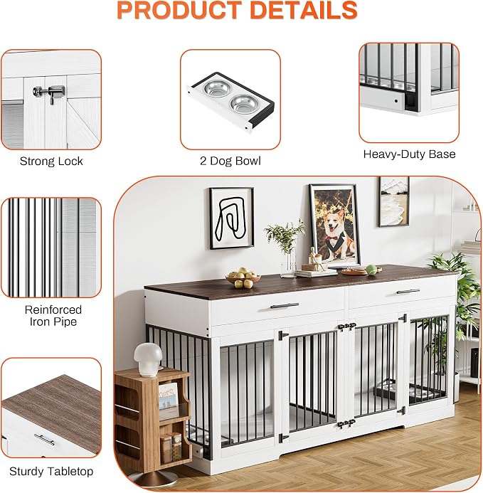 Rophefx 72" Double Dog Crate Furniture with Drawers and Divider, White | Wooden dog kennel for 2 medium dogs with 2 drawers, removable divider, 4 bowls and TV stand top