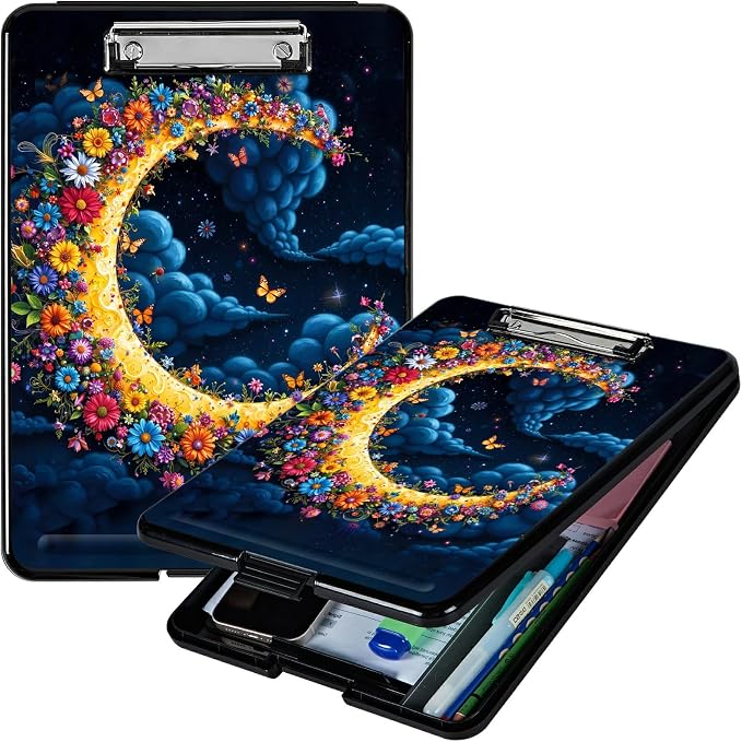 Heavy Duty Storage Clipboard, Slim Nursing Clipboard with Internal Pen Case, Portable File Organizer Case for A4 Letter Size Paper Office Medical Professionals, Dark Clouds Moon