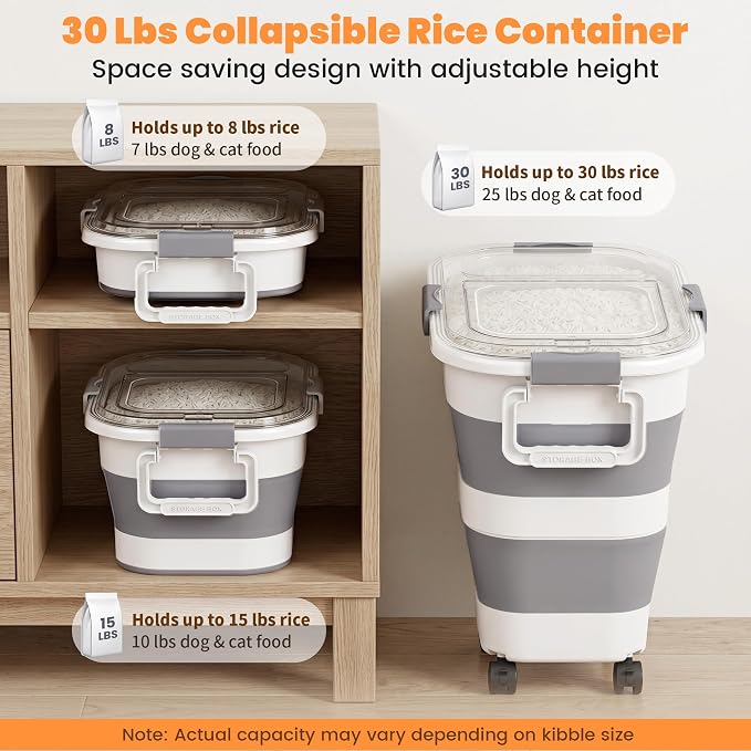 30 Lbs Rice Container, Collapsible Dog Food Storage Container | Airtight Cat Food Container with Wheels, Transparent Lid, Measuring Cup, Scoop and Handle, BPA Free for Pet Food, Bird Seed