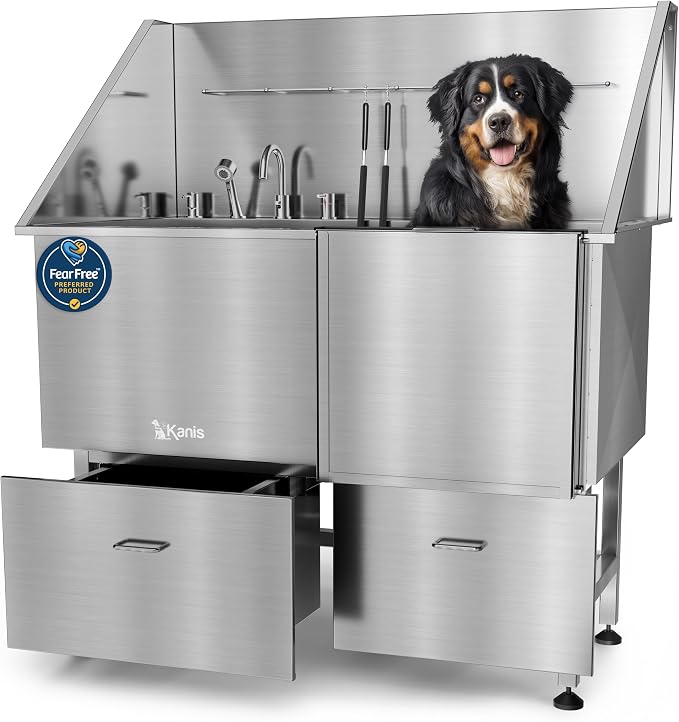 Professional Dog Washing Station 304 Stainless Steel Pet Wash Sink | Grooming Bathtub w/Shower, Floor Grates and Storage for Large, Medium & Small Pets