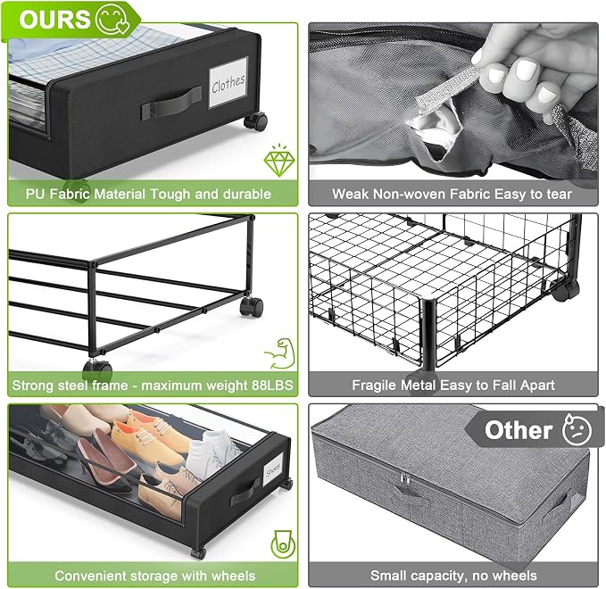 YAASHEEN Under Bed Storage with Wheels, 2-Pack Under the Bed Storage Containers with Clear Lids & Label, Underbed Storage Bins, XXL 60L Rolling Metal Drawer for Clothes, Shoes, Toys, Books - Black