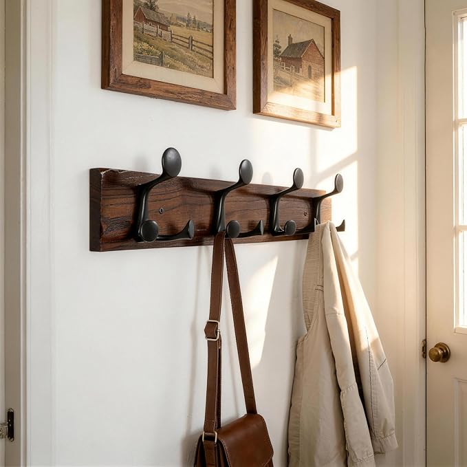 SKOLOO 24-Inch Walnut Wood Coat Rack Wall Mount with 4 Triple Hooks - Ideal for Family Entrances, Classrooms, and Pet Supplies Storage - Perfect Coat Hooks for Wall