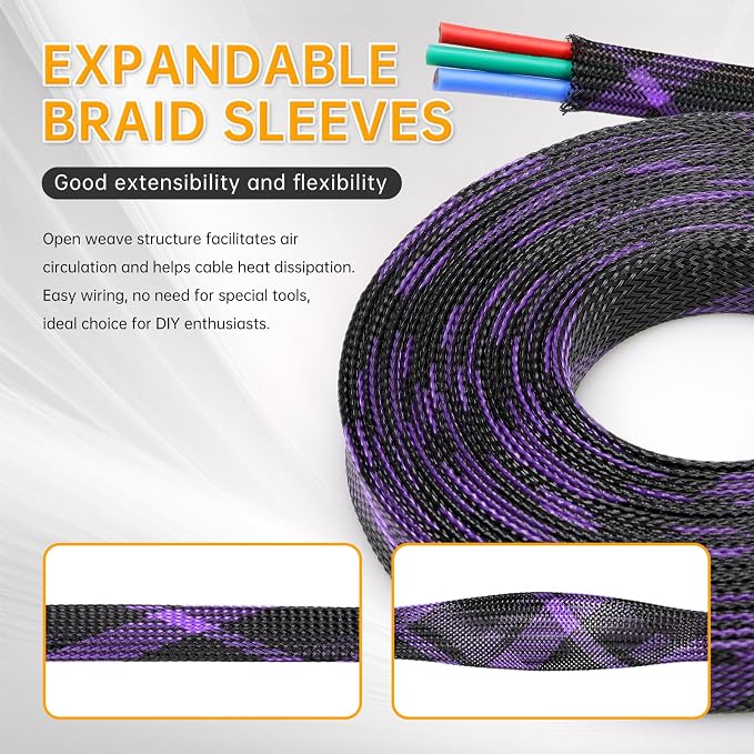 Braided Cable Sleeve, 33ft Expandable Wire Loom for Automotive Wiring Harness & PC Case, Pet-Proof Chew Resistant Cord Protector, Flexible Cable Management (Black-Purple, 10mm (3/8"))