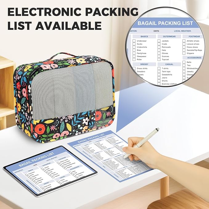 BAGAIL 9 Set Packing Cubes with Packing List Luggage Packing Organizers for Travel Accessories (Black floral)