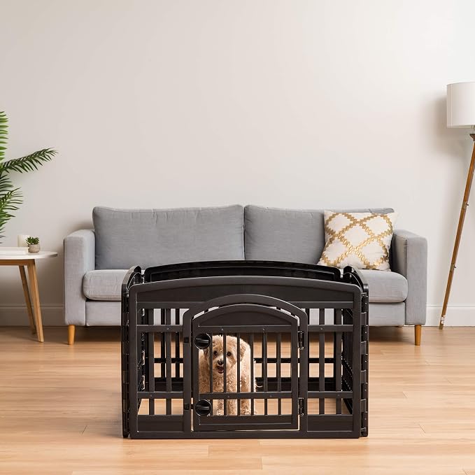 IRIS USA 4-Panel Dog Playpen, Pet Enclosure, Black | Pet Containment, Configurable Layout, Multi-Shape Setup, Custom Pen Configuration, Stable Non-Tip Base, Tool-Free Assembly
