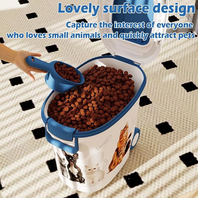 DRATO Cat Food Storage Container with Removable Wheels, Extra Large Capacity Sealed Lid Design for Easy Cleaning, Multi-Purpose Pet Food Container Bowl Scoop Included.