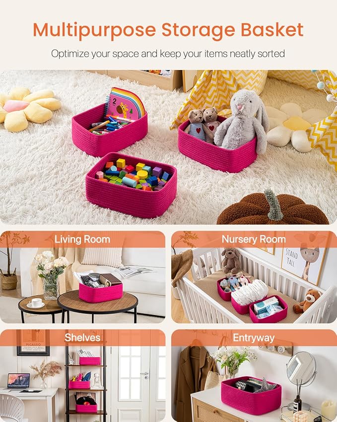 KALLAX Small Woven Storage Basket for Organizing, 12 x 8 x 4.5 inch, 3 Pack | Shelf baskets for closet organization, toy storage and home decor, Perfect as empty gift baskets for holidays, Hot Pink
