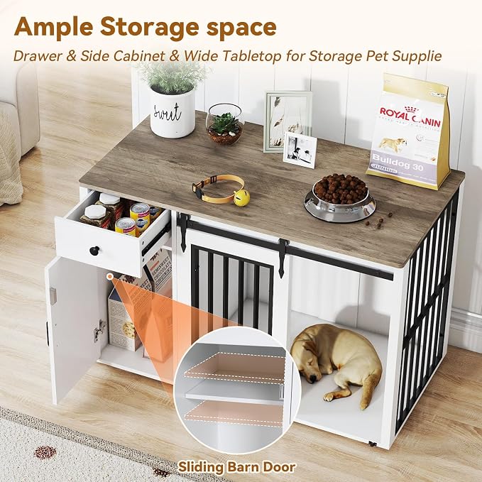 Verano Garden 44" Dog Crate Furniture, Dog Kennel (44" Left Facing Door) | 2-in-1, Lockable, Sliding Door, Removable Divider, Adjustable Shelf, Farmhouse, Heavy Duty, Small Medium Dogs, White