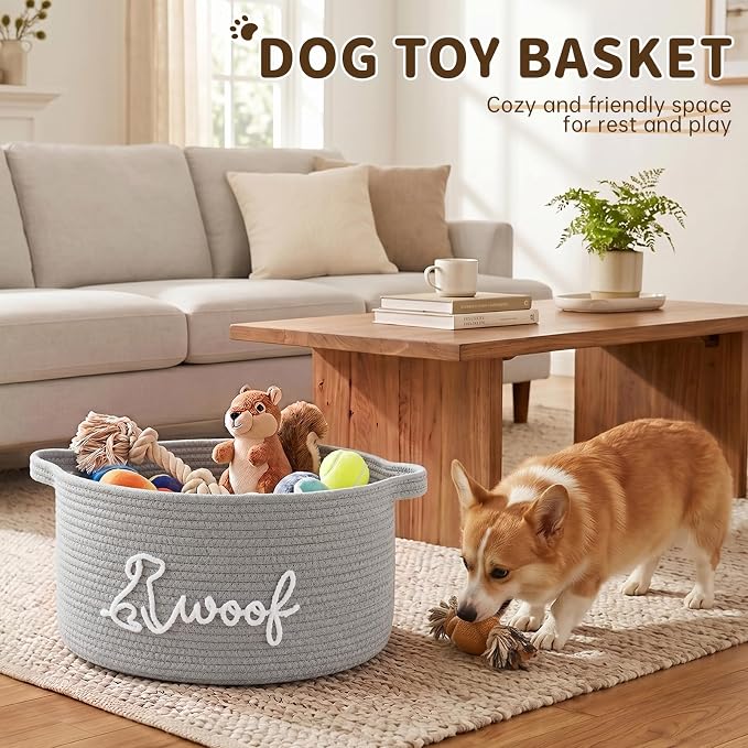 OIAHOMY 22L Large Dog Toy Basket, 16.5"x11.4"x9" Cotton Rope Basket with Cute Woof Embroidery, Soft Woven Pet Toy Box with Handles for Blankets, Leashes & Puppy Accessories, Decorative Organizer Gray