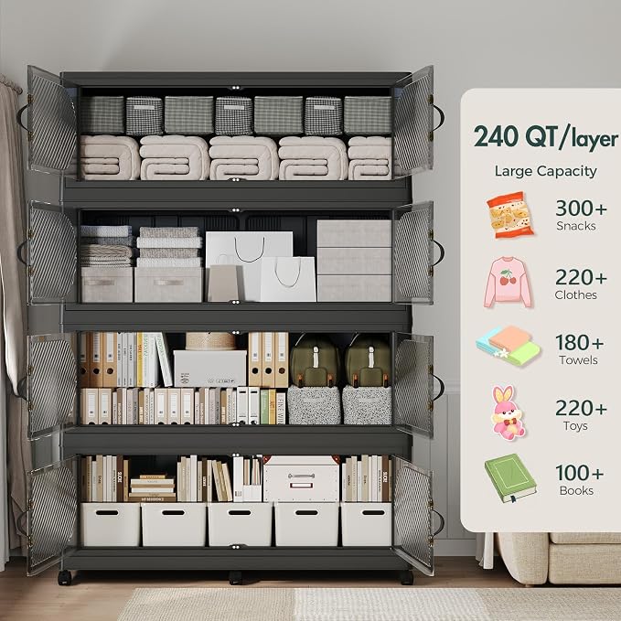 240GAL Plastic Storage Bins with Lid, 960QT Extra Large Stackable Closet Organizers and Storage, Collapsible Storage Boxes with Wheels, Folding Cabinet for Home Kitchen Office, 4Pack Black