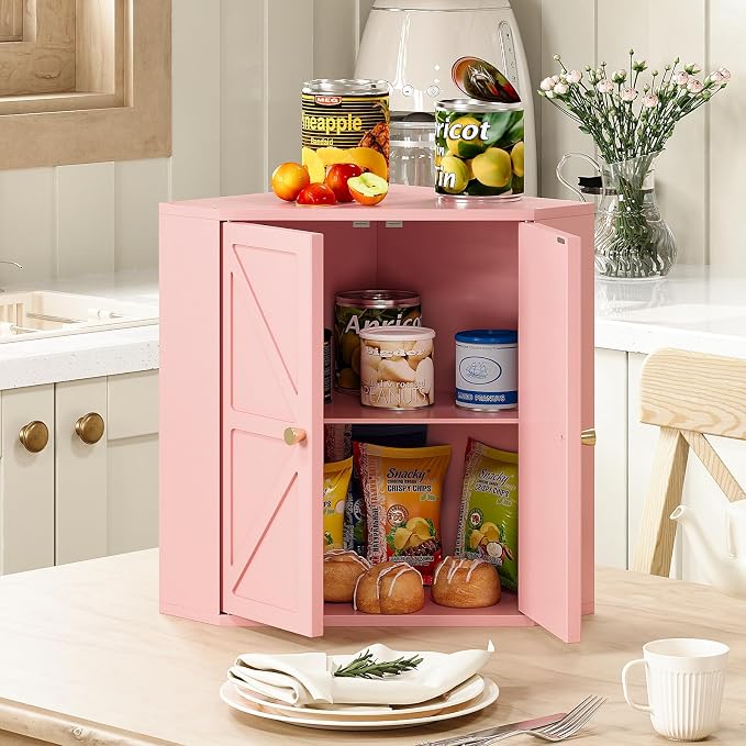 Trironsun Corner Bread Box for Kitchen Counter Double Layer Bamboo Bread Storage Container Large Capacity Bread Storage Bin Farmhouse Breadbox Organizer (Pink)