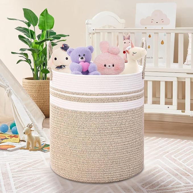 Laundry Hamper for Organizing, 52L Large Laundry Baskets, Cotton Rope Woven Blanket Basket, Collapsible Laundry Hamper for Living Room, Nursery, 15"×18", Jute