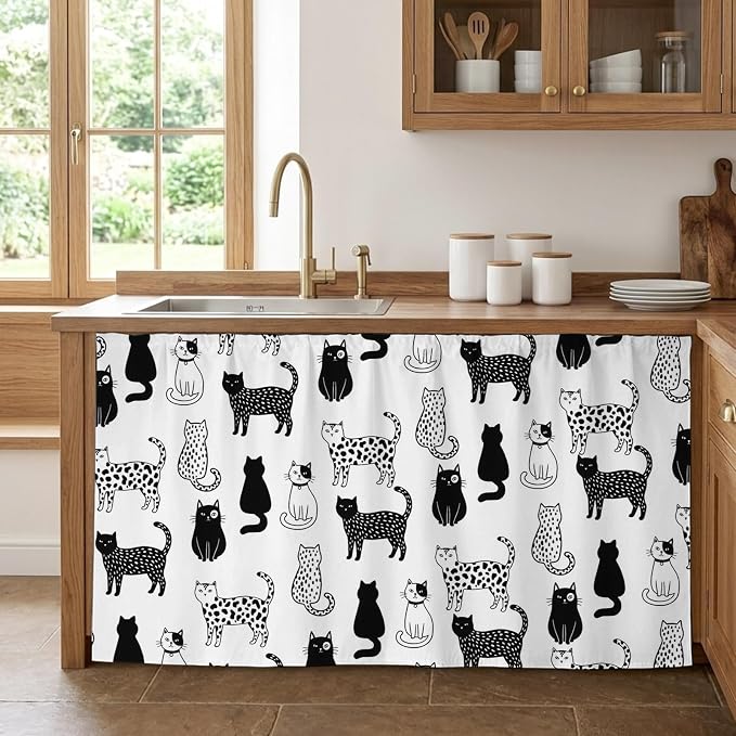 Cat Animal Cabinet Curtain 32"Wx55"L,Dustproof Pantry Door Curtain with Self Adhesive Tape,Black White Earthy Tone Pet Modern Minimalist Tall Storage Cover Privacy Drape for Bathroom Kitchen Laundry