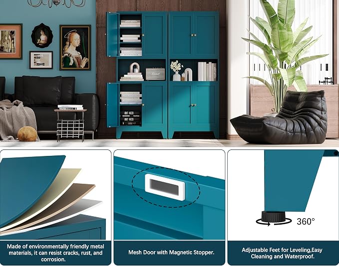69"H Blue Storage Cabinets,Metal Cabinet with Doors and Shelves,Tall ,Bathroom Storage Cabinet,Large Cabinets with Glass Doors and Adjustable Shelves,Cabinet for Bathroom, Living Room, Dining Room