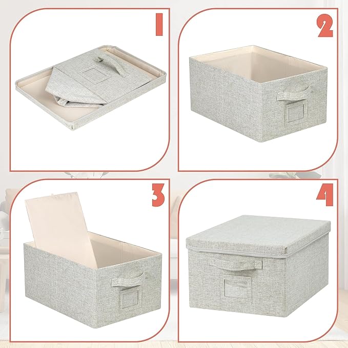 Storage Bins With Lids Closet Organizer Cabinet Box For Clothes,Toys,Shelf | 2 Pack, 17"X 12"X 2", Collapsible, Stackable, Dustproof, Built-In Handle, Label Slot, Linen Fabric, Cardboards, Gray-Green