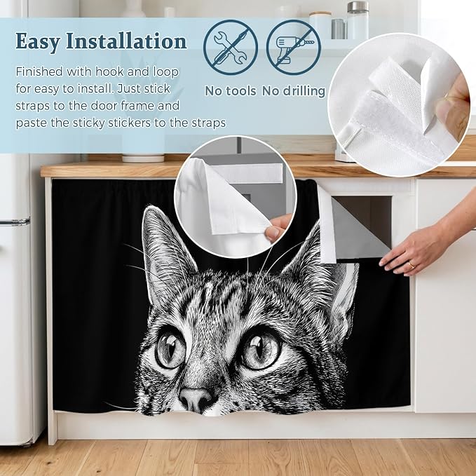 Cute Cat Cabinet Curtain 35"Wx35"L, Dustproof Under Sink Skirt with Self Adhesive Tape, Vintage Funny Pet Cat Portrait Black Cabinet Curtain Cover for Kitchen Sink, Bathroom Vanity, Laundry Room