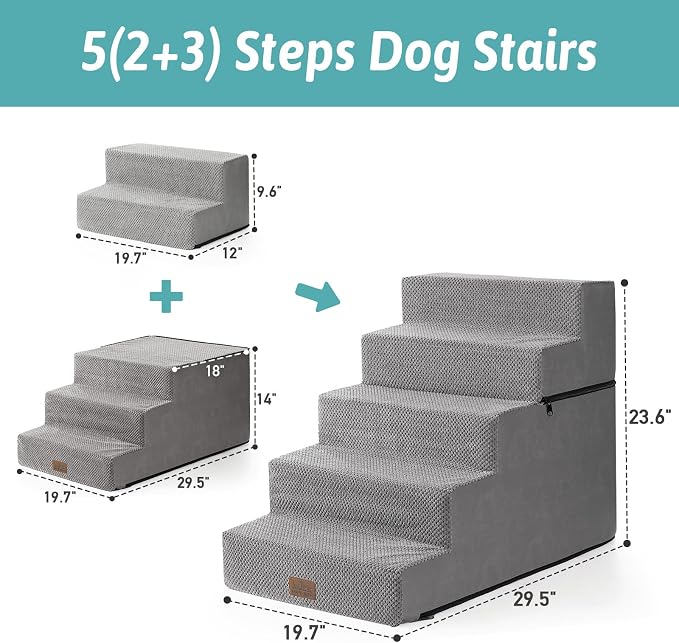 COZY KISS Dog Stairs for Small Dogs, 5 Step Pet Stairs for Beds & Couches | 23.6" H Wide Non-Slip Dog Steps with Removable Tiers & Support Board for Puppies, Older Cats & Dogs, Grey