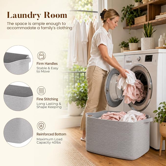 65L Large Woven Blanket Basket for Living Room, 19.7"x15.7"x11.8" | Nursery Laundry Hamper with Handle for Organizing Blankets, Pillows, Toy Storage With Handle, Large Baskets for Organizing