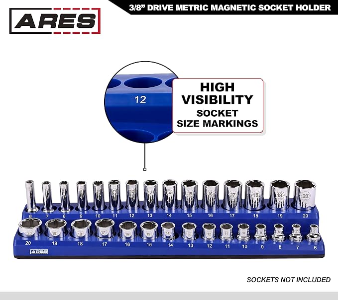ARES 60008 30-Pc 3/8-In Blue/Black Metric Magnetic Socket Organizer | Part No. 60008; Inch drive Sizes: 6mm, 7mm, 8mm, 9mm, 10mm, 11mm, 12mm, 13mm, 14mm, 15mm, 16mm