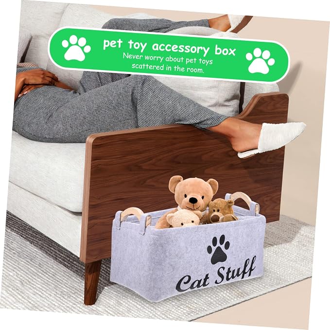 Wakauto Pet Organizer Bin with Handles Felt Storage Basket for Dog and Cat Accessories Portable Square Chest Container for Tidy Storage and Home Gray