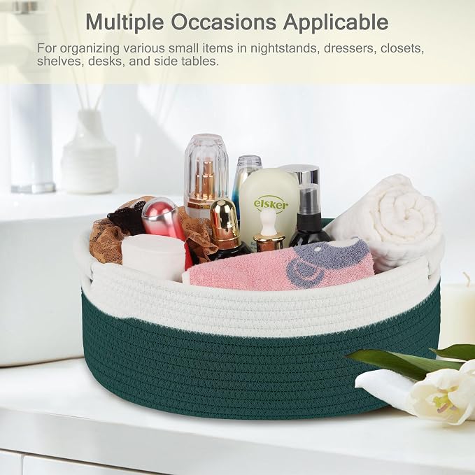 Small Woven Gift Basket with Bag & Ribbons, Dark Green | Cotton Rope, 13”x 9”x 5.5”, Fits for Kids, Women & Men, Bedroom, Living Room, Nursery & Bathroom Storage, Cat & Dog Toy Boxes