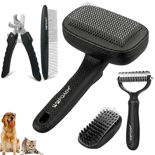 Self Cleaning Slicker Brush & Dog Brush Grooming Rake & Bath Brush & Nail Clippers & Pet Comb for Pets,Deshedding Dematting Tool for Long and Short Haired Dogs & Cats，Black 5 PCS