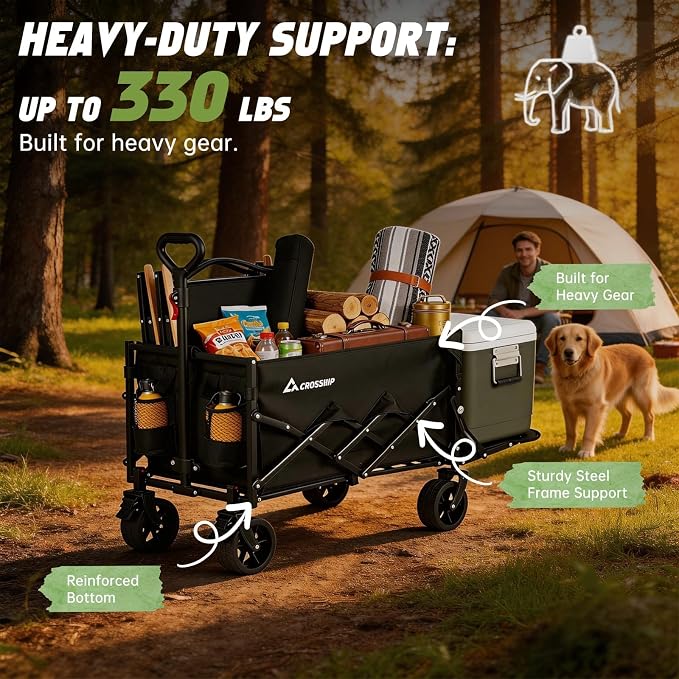 Foldable Pet Wagon Cart with Drop-Down Tailgate & Washable Pet Pad | 150L Heavy Duty Collapsible Garden Cart 330lbs Capacity, All-Terrain Wheels Utility Wagon for Camping with 2 Small Puppies