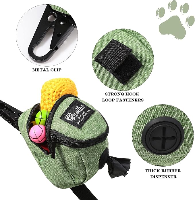 Talltalk 2 Pieces Dog Treat Pouch Pet Dog Poop Holder, Green, Black | Pet Waste Dispenser with Zipper Treat Pouch, Clip Attaches to Leashes, Hands-free Walks, Bottom Outlet for Quick Access