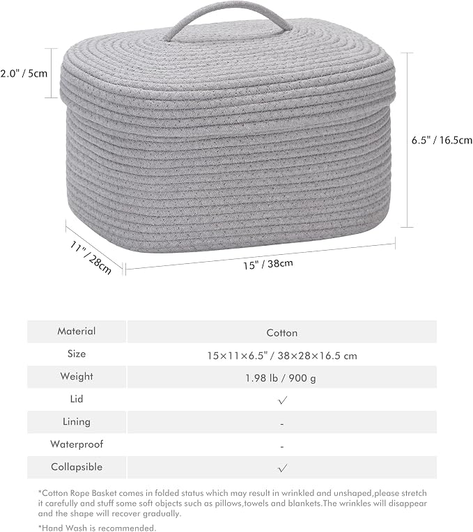 Sea Team Oval Storage Basket, Woven Cotton Rope Basket with Lid, Gray | Decorative Knitted Storage Bin, Multi-Purpose Lidded Organizer for Closet Shelves, Nursery and Household Storage