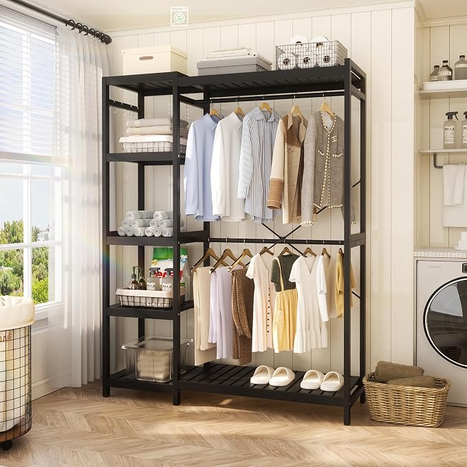 Bamboo Closet System Set of 2, 41.4” Wide Clothing Rack, Dark Black | Freestanding Clothes Rack with 14 Adjustable Shelves, 4 Rods, 8 Hooks, Open Wardrobe Organizer, Wood Garment Rack for Bedroom