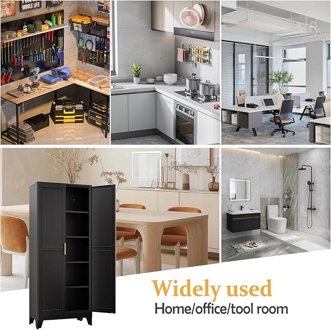 Black Pantry Storage Cabinet, 71" Metal Kitchen Pantry Storage | Steel Storage Cabinets with Doors and 4 Adjustable Shelves, Metal Storage Cabinet, for Office, Home, Garage, School