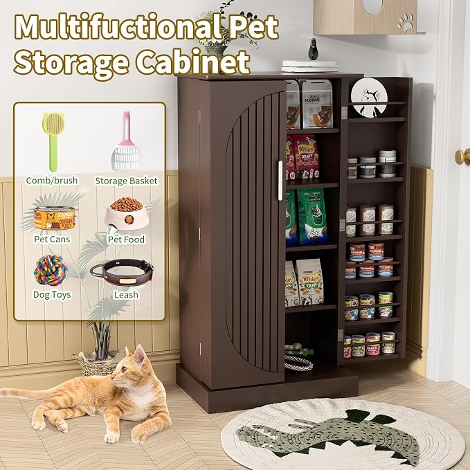 Saudism 47" Dog Food Storage Cabinet with Adjustable Shelves, Gray | Freestanding Pet Storage Container Organizer for Living Room and Dinning Room
