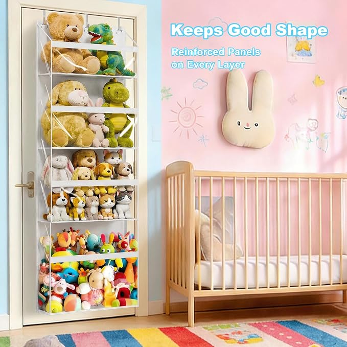 Heavy Duty Stuffed Animal Storage, 4-Tier Clear Extra Large Over The Door Organizer for Stuffies, Baby Ideas Holder, Toy Plush Hanging Organizer Big Girls Toddler Bag Animals Stuffy, White