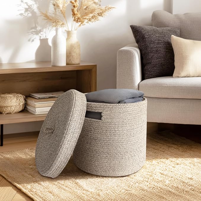 Storage Basket with Lid, Woven Blanket Storage for Living Room, Soft Cotton Rope Bin with Lid, Round Wicker Laundry Basket with Cover, Lidded Kids Dog Toy Bin, Nursery Organizer, 15" x 13"