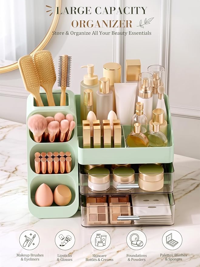 Large Makeup Organizer Countertop for Vanity Skincare Organizers Green | Cosmetic Organizer with Brush Holder and 2 Drawers, Beauty Makeup Storage for Lipsticks, Nail Polishes, Eyeshadow Palettes