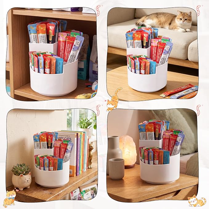 Lickable Cat Treat Organizer Lazy Susan Plastic Squeeze up Cat Food Storage Container with Spoon and 3 Compartments for Pantry Cabinet Kitchen Countertop Vanity, 4.3 x 4.7 Inch(White Layered)