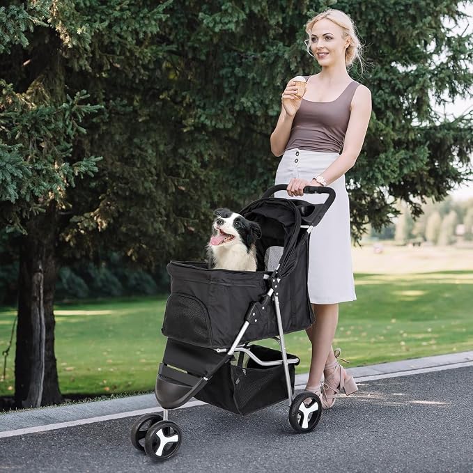 ZENY Pet Stroller for Small/Medium Dogs and Cats Foldable Dog Stroller | 3 Wheels, Pet Strolling Cart, Dog Travel Carrier with Storage Basket, Cup Holder, Black